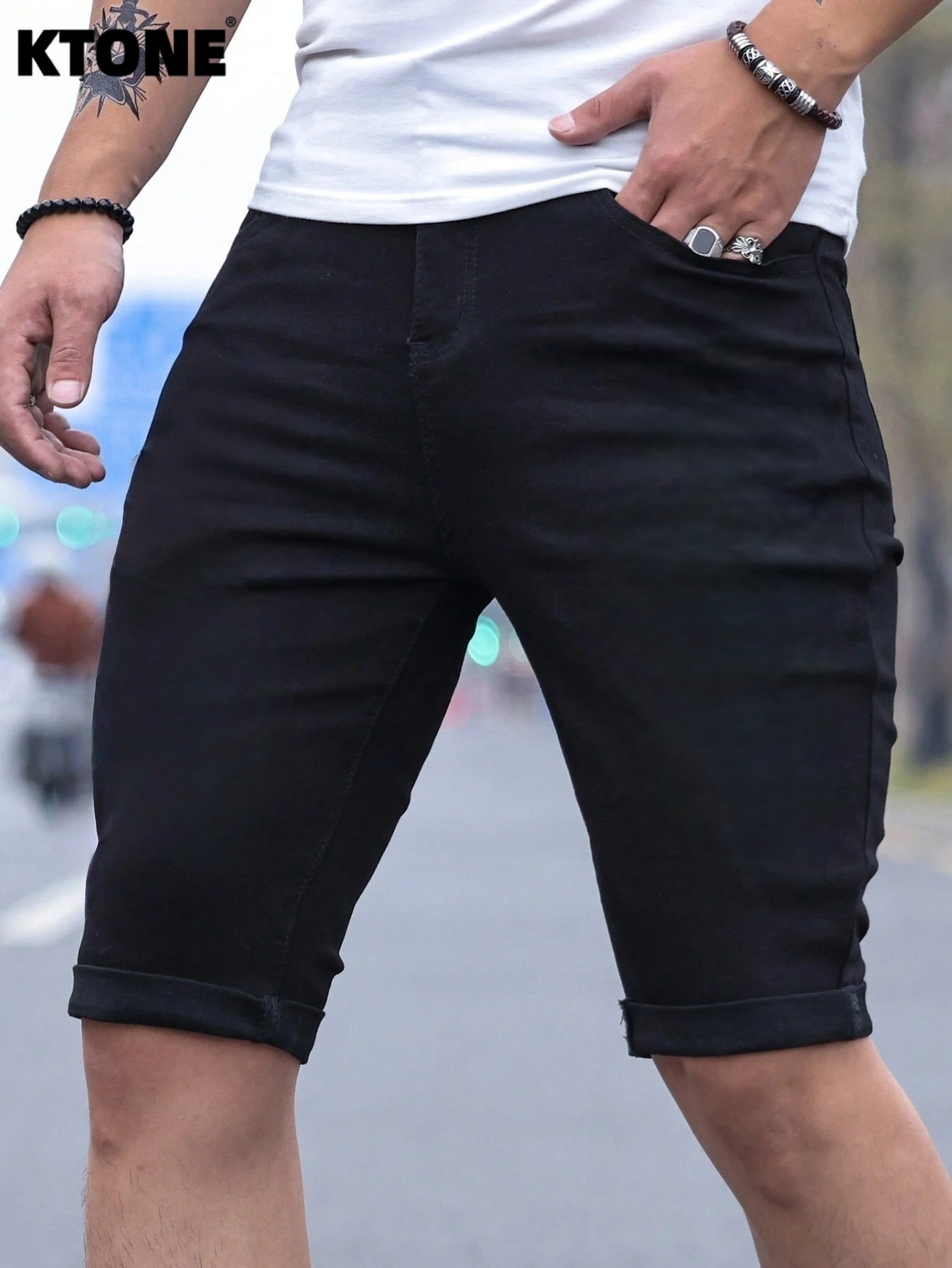 Men's jorts Slim Fit Black Str - Men'S Fashion Jeans บทวิจารณ์และราคา