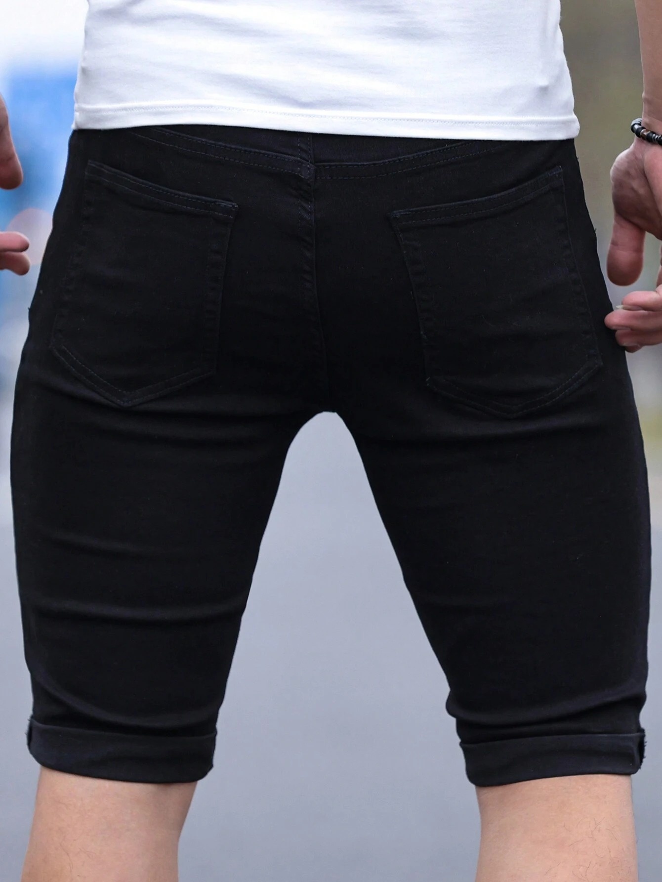 Men's jorts Slim Fit Black Str - Men'S Fashion Jeans บทวิจารณ์และราคา