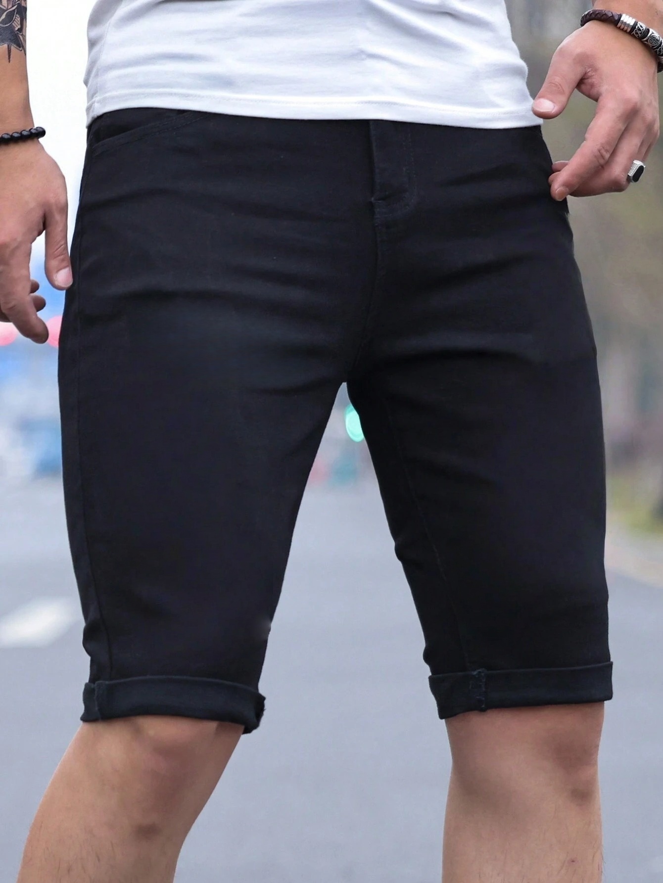 Men's jorts Slim Fit Black Str - Men'S Fashion Jeans บทวิจารณ์และราคา