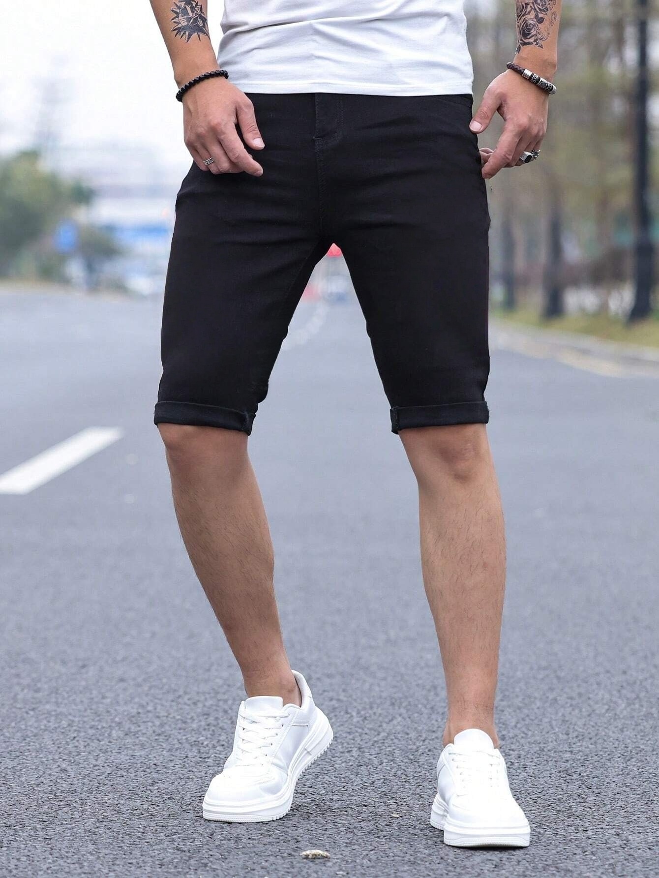 Men's jorts Slim Fit Black Str - Men'S Fashion Jeans บทวิจารณ์และราคา