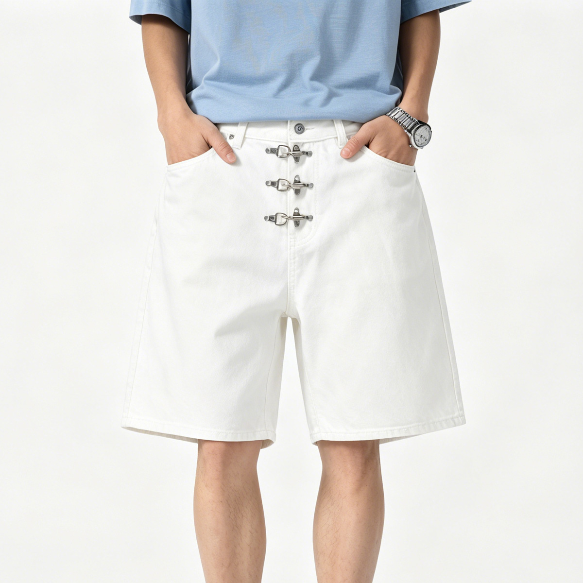 Metal Buckle Short Baggy Jeans - Men'S Fashion Jeans บทวิจารณ์และราคา
